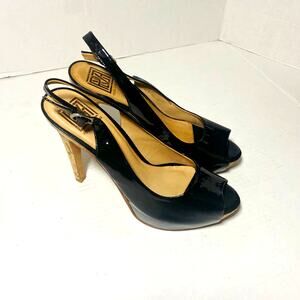 Pour La Victoire Black Patent Leather Peep Toe High Heel Slingback Pumps Sz 8
